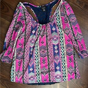 Rue21 Pink and Blue Patterned Blouse